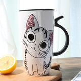 Cute Cat Ceramics Coffee Mug With Lid Large Capacity Animal Mugs