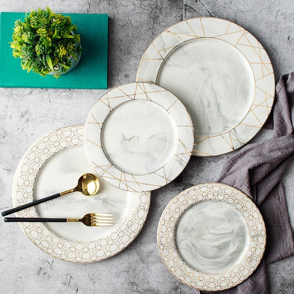 European Style Gold Wire Marble Plates Ceramic Dinner
