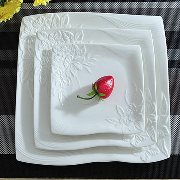 3/set Flower Stamped Ceramics Flat Dinner Plate Set