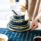Blue Ceramic Gold Rim Dinner Plate Royal retro Tableware Set