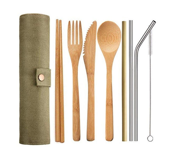 Dinner Set Bamboo Cutlery Fork Spoon Knife Set Portable Tableware Wooden